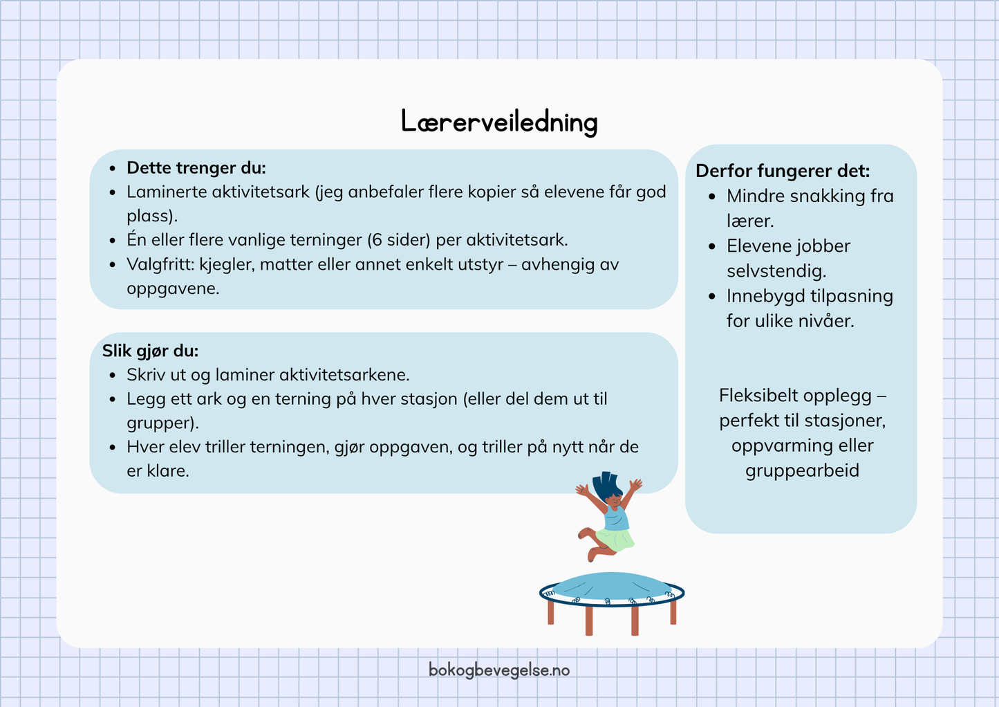 Lærerveiledning for Terningtrening i kroppsøving – inkluderer liste over nødvendig utstyr, instruksjoner for bruk og forklaring på hvorfor metoden fungerer, med illustrasjon av barn som hopper på trampoline