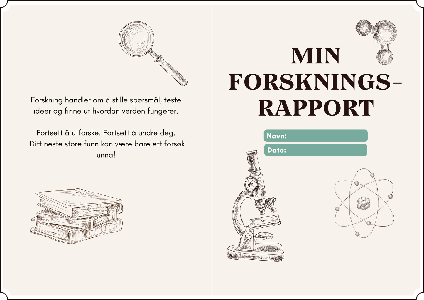Forside til skriveheftet ‘Min forskningsrapport’ med illustrasjoner av forstørrelsesglass, bøker, mikroskop og atommodell